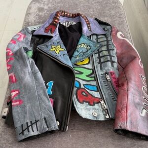 Hand painted Colorful Graffiti Leather Jacket size XS